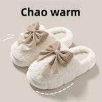 Winter Warm Fur Slippers for Women Cute bow House Non Slip Soft Shoes Comfort Flat Heel Home Indoor Bedroom Plush Slippers