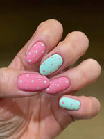 10 Pieces of Short Oval-Shaped Press-On Nails, Medium Length, in Pink and Mint Color Scheme with Hand-Painted Polka Dot Patterns, Fresh Korean Style, Perfect for Girls, Summer Outings, and Everyday Energetic Looks, Comes with