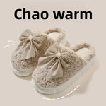 Winter Warm Fur Slippers for Women Cute bow House Non Slip Soft Shoes Comfort Flat Heel Home Indoor Bedroom Plush Slippers