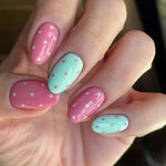 10 Pieces of Short Oval-Shaped Press-On Nails, Medium Length, in Pink and Mint Color Scheme with Hand-Painted Polka Dot Patterns, Fresh Korean Style, Perfect for Girls, Summer Outings, and Everyday Energetic Looks, Comes with