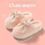 Winter Warm Fur Slippers for Women Cute bow House Non Slip Soft Shoes Comfort Flat Heel Home Indoor Bedroom Plush Slippers